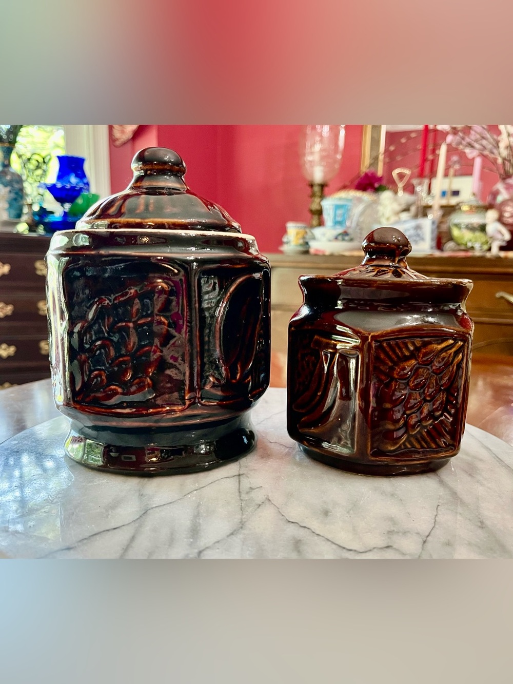 2 Handcrafted Pure Ceramic Brown Pickle Jars w Lids Traditional Jaadi Barni